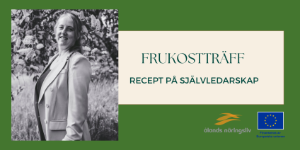 Svartvit bild på föreläsaren och texten "frukostträff Recept på självledarskap"