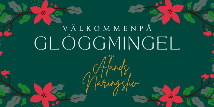 Texten välkommen på glöggmingel omgiven av girland med julstjärnor och järnek